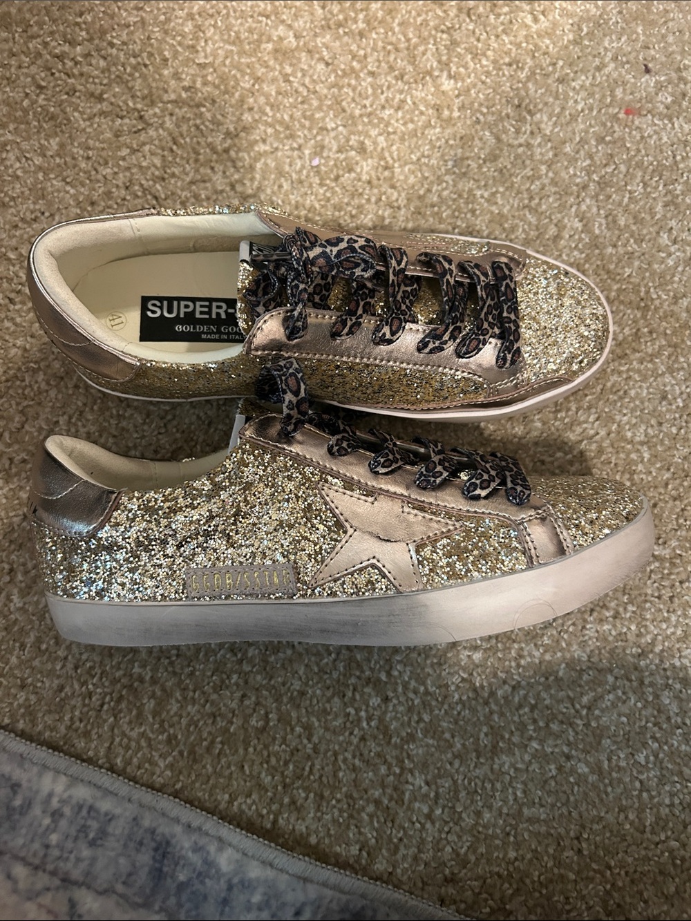 Golden Goose Glitter Low-Top Sneakers in Gold with Leopard Laces See Description - Picture 1 of 2